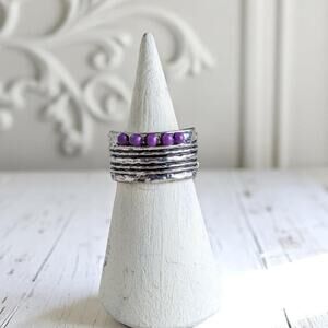 Stretchy Band Silver Tone Purple Beads Adjustable Fashion Ring